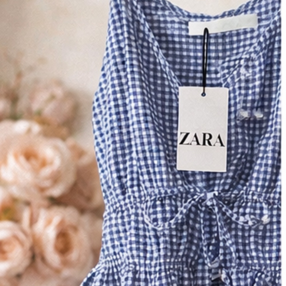 Zara Blue and White Gingham Tie-Front Sleeveless Top